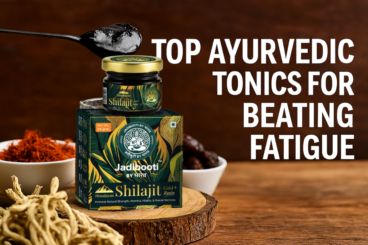 Himalayan Shilajit Gold jar with Kesar and herbal ingredients on rustic wood